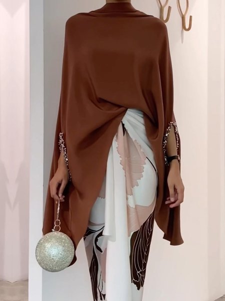 

Loose Stand Collar Plain Elegant Shirt, Brown, Blouses and Shirts