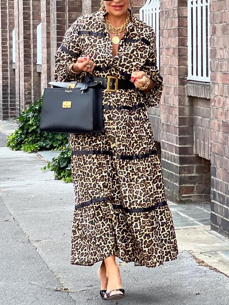 

Regular Fit Leopard Stand Collar Urban Midi Dress With Belt, Maxi Dresses