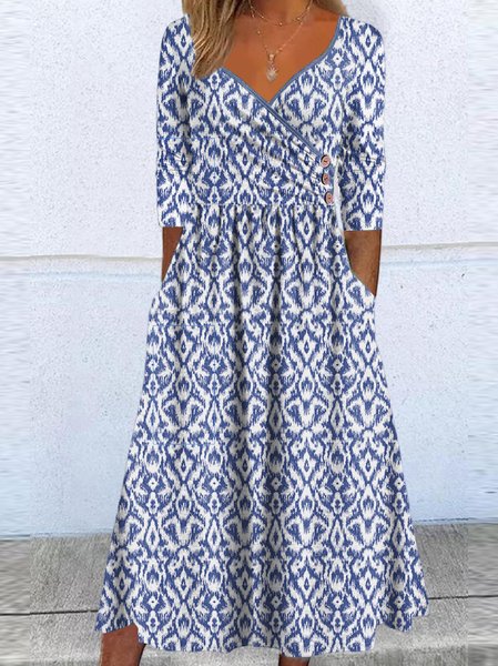 

V Neck Geometric Casual Knitted Dress, Blue, Dresses