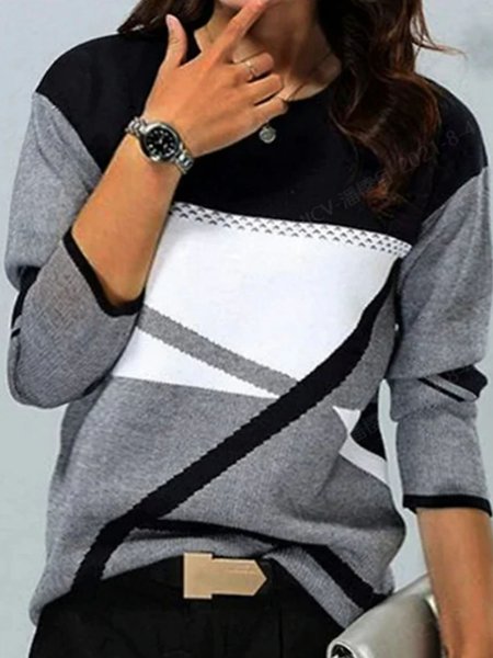 

Plus Size Casual Color Block Crew Neck T-Shirt, Black-white, Long sleeves