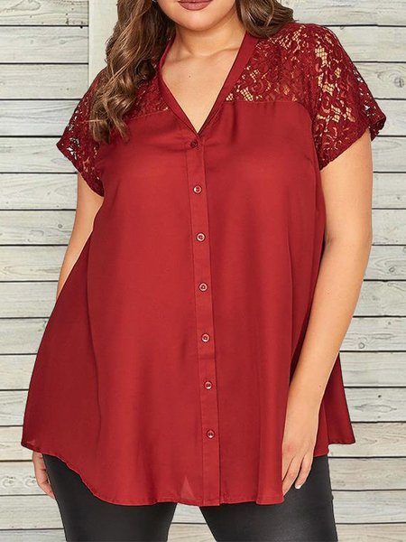 

Plus Size Lace Plain Casual V Neck Blouse, Red, Shirts & Blouses