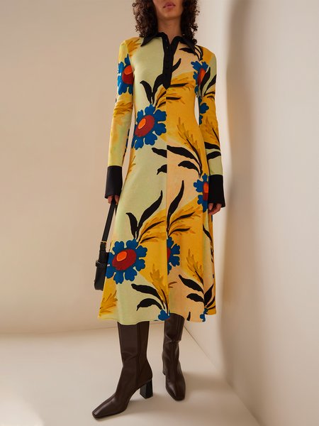 

Floral Shirt Collar Elegant Midi Dress With No Belt, Yellow, Midi Dresses