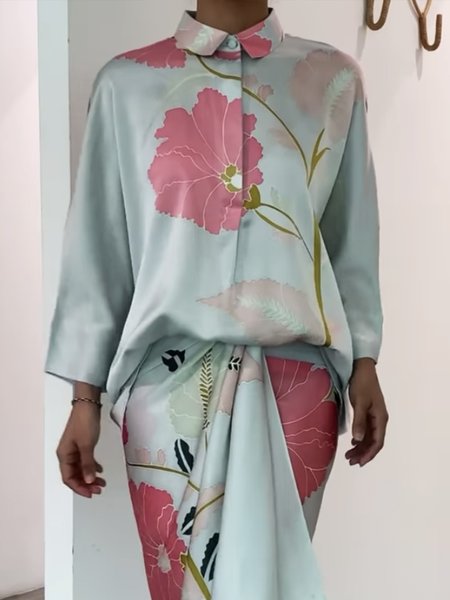 

Long Sleeve Regular Fit Elegant Floral Shirt Collar Blouse, As picture, Blouses and Shirts