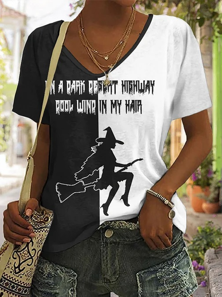 

V Neck Casual Loose Halloween T-Shirt, Black, T-Shirts