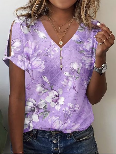 

V Neck Cotton Casual Loose T-Shirt, Purple, T-shirts