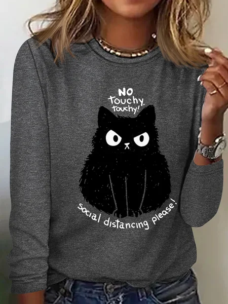 Women's No Touchy Letter Cat Print Letters Casual Shirt, Gray, Long sleeves