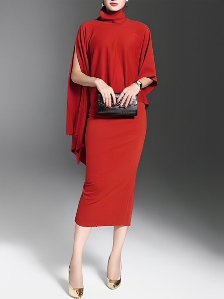 

Regular Fit Turtleneck Plain Elegant Midi Dress With No Belt, Red, Midi Dresses