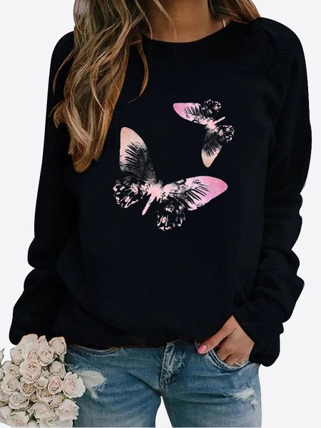 

Urban Casual Gradient Color Butterfly Pattern Long Sleeve Pullover Sweatshirt Women's Clothing, Black, Sweatshirts & Hoodies