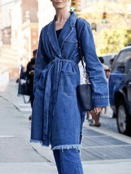 

Denim Shawl Collar Urban Plain Denim Coat With Belt, Blue, Outerwear