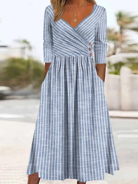 

Knitted V Neck Striped Casual Dress With No, Blue, Dresses