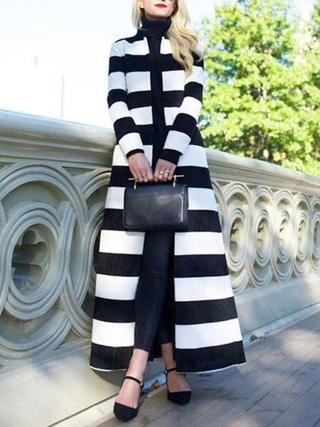 

Urban Stand Collar Striped Long Sleeve Trench Coat, Black-white, Trench Coats