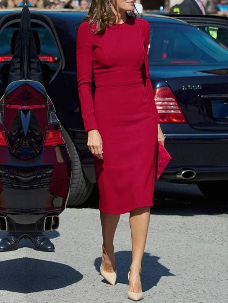 

Crew Neck Elegant Plain Regular Fit Dress, Red, Midi Dresses