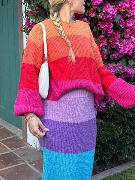 

Elegant Colorblock Loose Long Sleeve Crew Neck Sweater, As picture, Pullovers