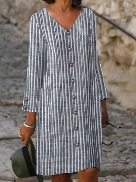 

Striped Loose Casual Buckle Dress, Deep gray, Dresses
