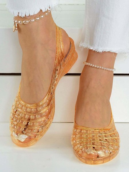 Casual Glitter Hollow Out Waterproof Slingback Shoes, Golden, Flats