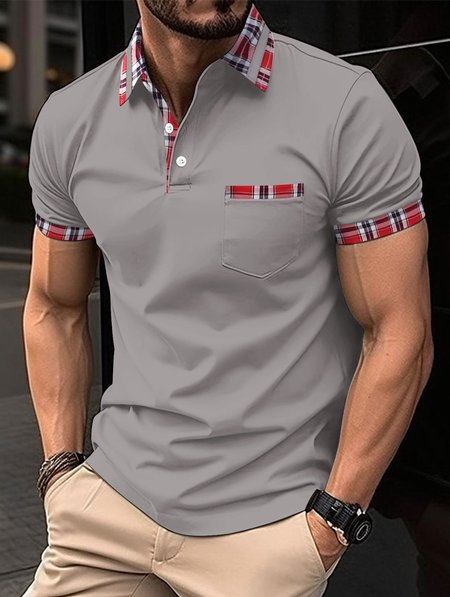 

Plaid Pocket Stitching Regular Sleeve Casual Polo Shirt, Deep gray, Polos