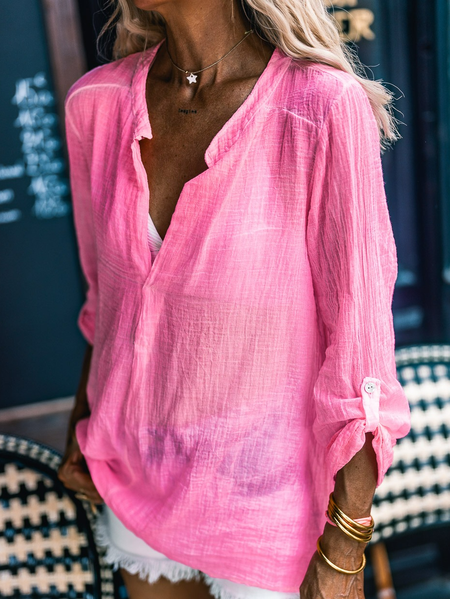 

Regular Fit Plain Casual V Neck Shirt, Pink, Shirts & Blouses