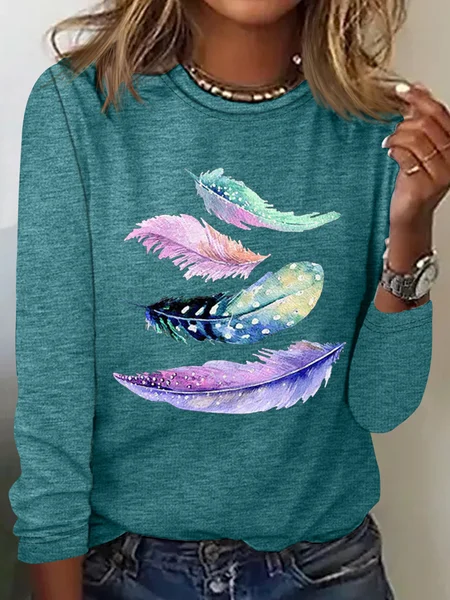 

Women's Muticolor Feather Print Casual Shirt, Green, Long sleeves