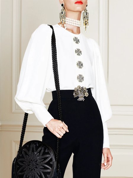 

Plain Elegant Regular Fit Crew Neck Blouse, White, Blouses and Shirts