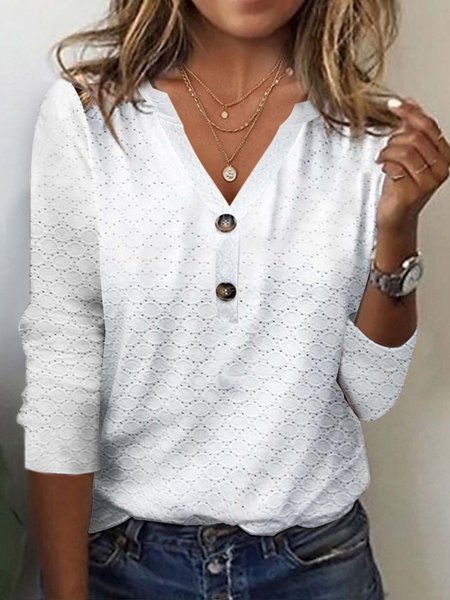 

Loose V Neck Knitted Casual Shirt, White, Shirts & Blouses