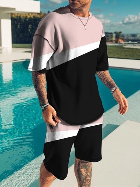 

Casual Color Block Crew Neck Two-Piece Set, Pink, Suit Set