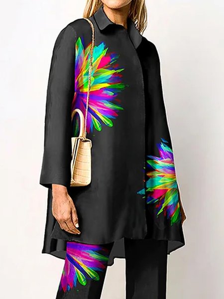 

Shirt Collar Floral Urban Loose Blouse, Black, Blouses and Shirts