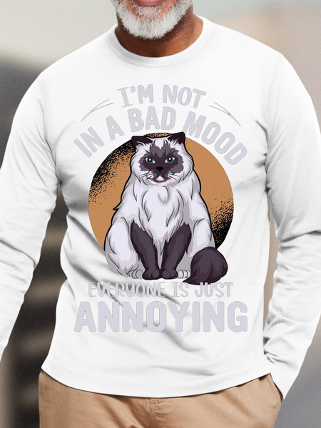 

Men's annoyed pussy Casual Text Letters Cotton Top, White, Long Sleeves