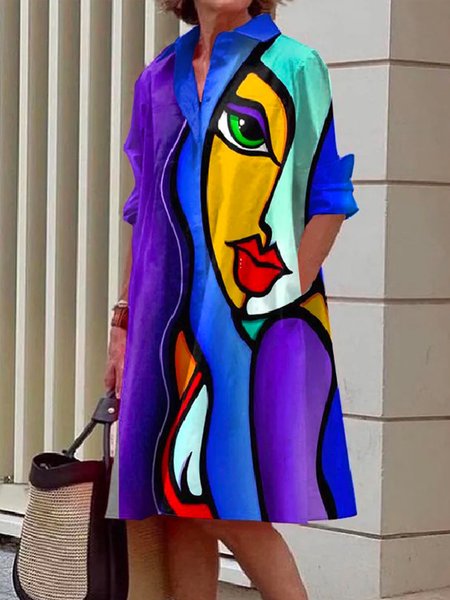 

Urban Abstract Print Loose Pocket Stitching Shirt Dress, As picture, Midi Dresses