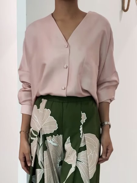 

Long Sleeve Urban Regular Fit Plain V Neck Blouse, Pink, Blouses and Shirts