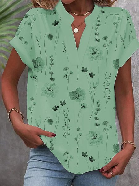 

Women V Neck Casual Floral Loose Short Sleeve Tunic Top, Green, Tunics