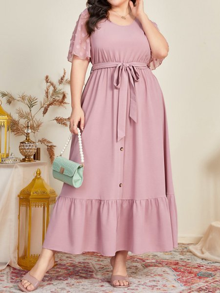 

Plus Size Plain Casual Loose Crew Neck Dress With No, Pink, Dresses