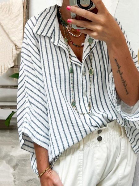 

Casual Shirt Collar Cotton And Linen Blouse, Gray, Shirts & Blouses