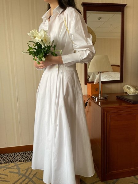 

Long Sleeve Shirt Collar Elegant Plain Dress, White, Maxi Dresses