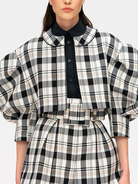 

Urban Plaid Stand Collar Loosen Jacket, As picture, Jackets