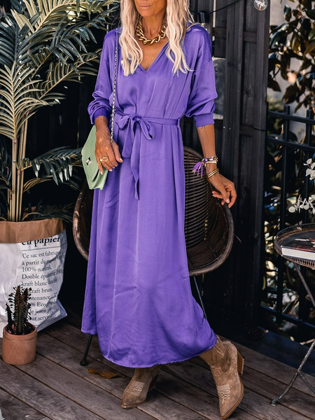 

Plain V Neck Regular Fit Casual Dress, Purple, Dresses