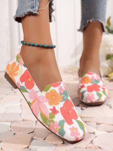 

Floral Breathable Mesh Fabric Casual Square Toe Slip On Shoes, As picture, Flats