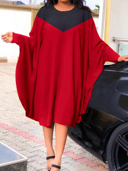 

Urban Loose Crew Neck Long Sleeve Color Block Midi Dress, Red-black, Midi Dresses