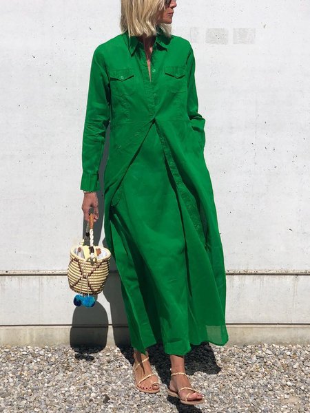 

Plain Pocket Stitching Urban Long Sleeve Shirt Dress, Green, Maxi Dresses