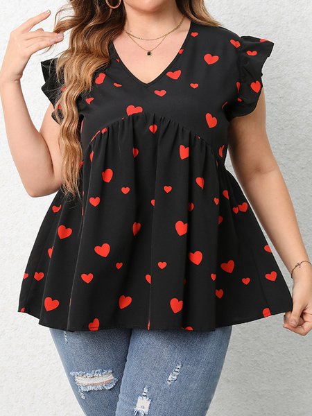 

Plus Size Flouncing Casual V Neck Shirt, Black, Shirts & Blouses