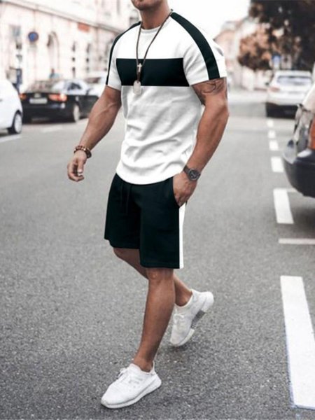 

Casual Color Block Crew Neck Two-Piece Set, Color6, Suit Set