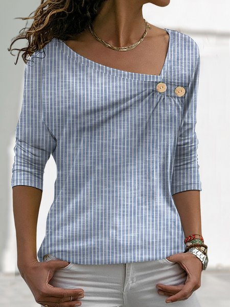

Blue Striped Button-Trimmed Loose Knit Top, Shirts & Blouses