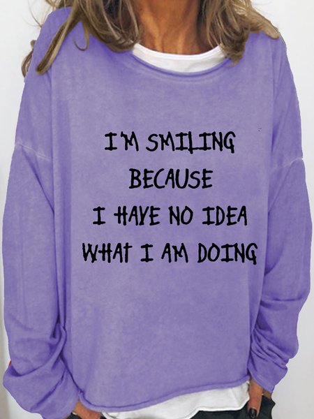 

Women's I'm Smiling Letter Print Casual Crew Neck Sweatshirt, Light purple, Hoodies&Sweatshirts
