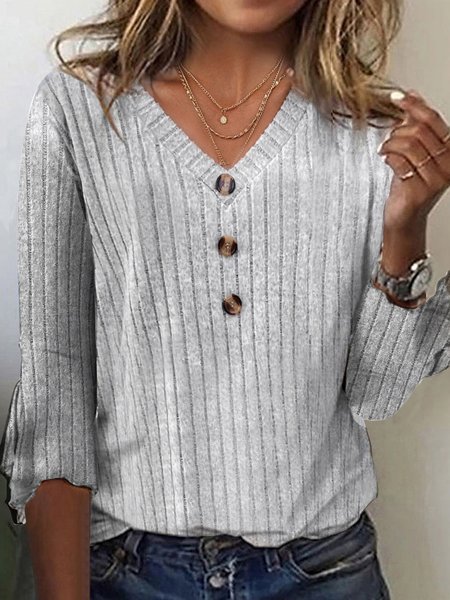 

V Neck Casual Plain T-Shirt, Gray, T-Shirts