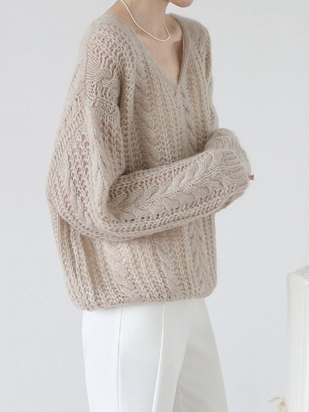 

Casual Plain V neck Regular Fit Sweater, Apricot, Sweaters