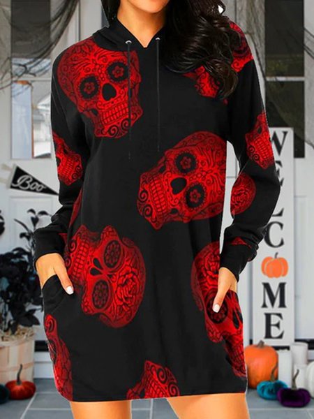

Skull Hoodie Casual Loose Dress With No, Red, Dresses