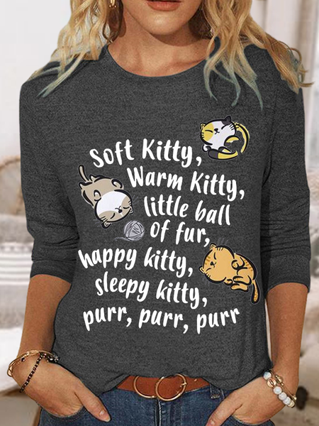 

Womne's Soft Kitty Warm Kitty Cat Text Letters Casual Long Sleeve Shirt, Deep gray, Long sleeves