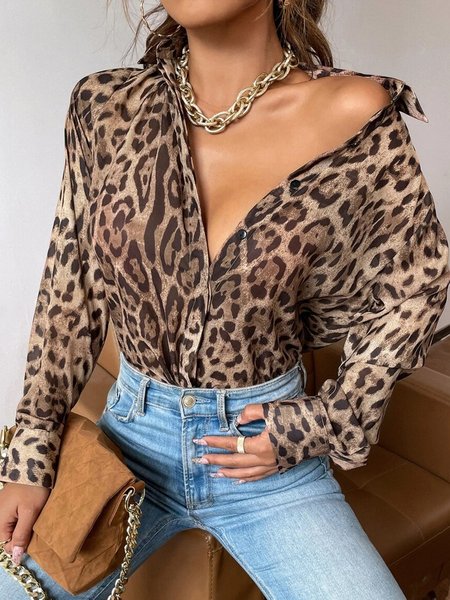 

Leopard Shirt Collar Regular Fit Urban Blouse, Blouses and Shirts