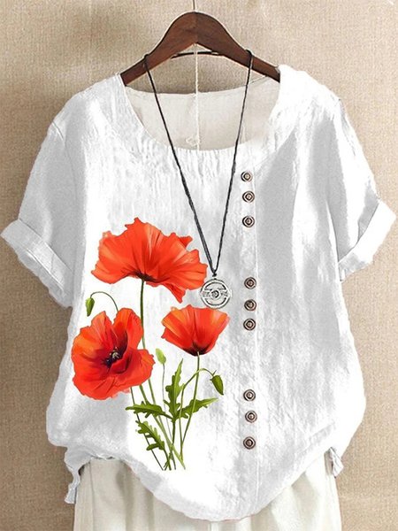 

Floral Casual Crew Neck Buttoned Shirt, White, Shirts & Blouses