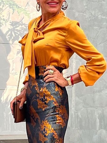 

Elegant Loose Plain Long Sleeve Shirt, Yellow, Blouses and Shirts