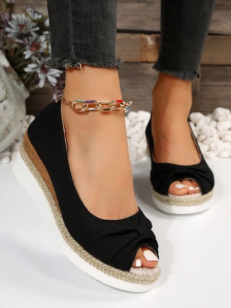 

Vacation Bowknot Canvas Peep-Toe Wedge Heel Espadrilles Shoes, Black, Flats